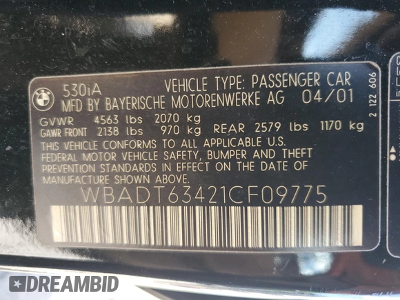 2001 BMW 5 Series 530iA with VIN WBADT63421CF09775, listed as a Copart auction lot 69180694 with 368,937 mi miles and Salvage Title. Bid and sale history available at carsss.com. Image 12.