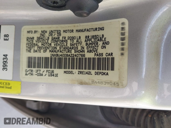 2010 Toyota Corolla с VIN 1NXBU4EE8AZ240766, выставлен на аукционе IAAI как лот 42045264 с пробегом 223 474 миль миль и . История ставок и продаж доступна на DreamBid. Изображение 9.
