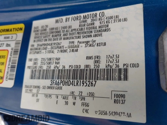 2020 Ford Fusion SE with VIN 3FA6P0HD4LR195267, listed as a IAAI auction lot 42010448 with 97,603 mi miles and . Bid and sale history available at DreamBid. Image 9.