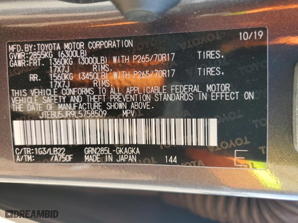 2020 Toyota 4Runner SR5 with VIN JTEBU5JR9L5758509, listed as a Copart auction lot 51366765 with 87,533 mi miles and Salvage Title. Bid and sale history available at carsss.com. Image 12.