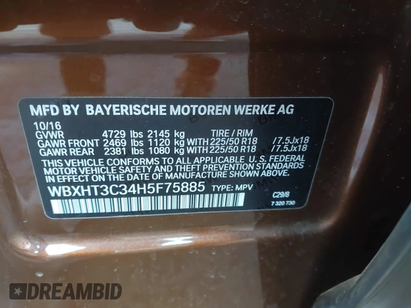 2017 BMW X1 xDrive28i with VIN WBXHT3C34H5F75885, listed as a IAAI auction lot 42655580 with 54,609 mi miles and . Bid and sale history available at DreamBid. Image 9.