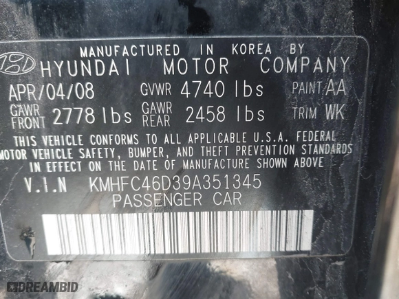 2009 Hyundai Azera GLS with VIN KMHFC46D39A351345, listed as a IAAI auction lot 41974507 with 138,174 mi miles. Bid and sale history available at carsss.com. Image 9.