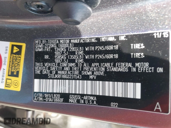 2016 Toyota Highlander XLE z VIN 5TDJKRFH8GS231543, wystawiony jako IAAI lot #42071117 z przebiegiem Nie podano mil oraz . Historia ofert i sprzedaży dostępna na DreamBid. Obrazek 9.