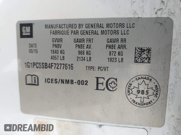 2015 Chevrolet Cruze LT with VIN 1G1PC5SB4F7277616, listed as a IAAI auction lot 42067309 with 134,128 mi miles and . Bid and sale history available at DreamBid. Image 9.