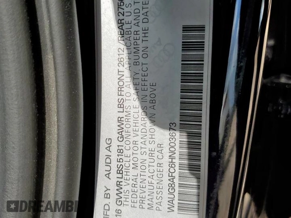 2017 Audi A6 Premium Plus with VIN WAUG8AFC6HN003673, listed as a Copart auction lot 65113635 with 114,714 mi miles and Salvage title. Bid and sale history available at DreamBid. Image 12.