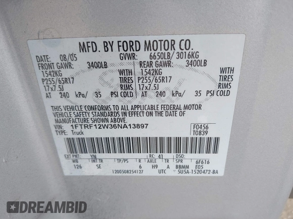 2006 Ford F-150 XL с VIN 1FTRF12W36NA13897, выставлен на аукционе IAAI как лот 41705148 с пробегом 228 585 миль миль и . История ставок и продаж доступна на DreamBid. Изображение 9.
