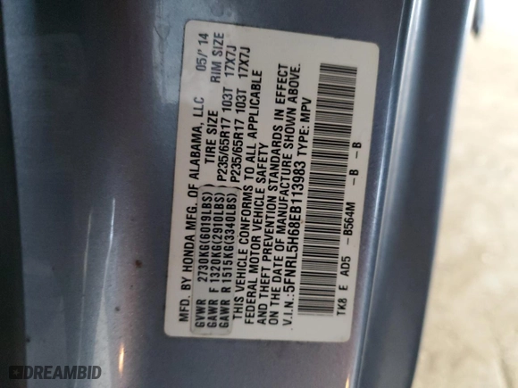 2014 Honda Odyssey EX-L with VIN 5FNRL5H68EB113983, listed as a Copart auction lot 51154825 with 133,515 mi miles and Salvage Title. Bid and sale history available at carsss.com. Image 13.