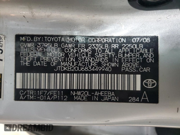 2008 Toyota Prius with VIN JTDKB20U683449940, listed as a Copart auction lot 52809205 with 168,218 mi miles and Salvage Title. Bid and sale history available at carsss.com. Image 12.