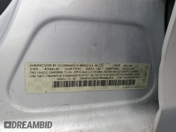 2007 Volkswagen Jetta Wolfsburg Edition с VIN 3VWEG71K87M068254, выставлен на аукционе Copart как лот 55262305 с пробегом 179 950 миль миль и Списание • Salvage title. История ставок и продаж доступна на DreamBid. Изображение 12.