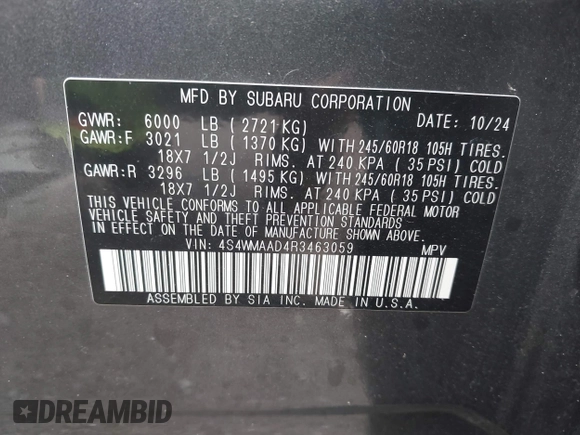 2024 Subaru Ascent with VIN 4S4WMAAD4R3463059, listed as a IAAI auction lot 42585651 with 14,066 mi miles and . Bid and sale history available at DreamBid. Image 9.