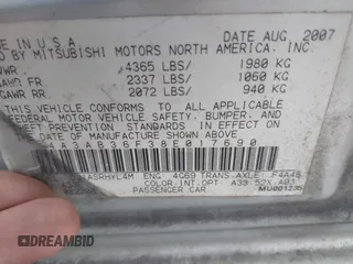 2008 Mitsubishi Galant ES with VIN 4A3AB36F38E017690, listed as a IAAI auction lot 41619880 with 248,290 mi miles. Bid and sale history available at carsss.com. Image 9.
