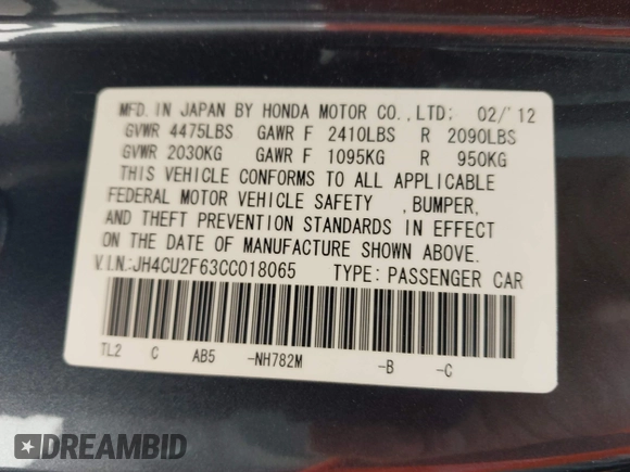 2012 Acura TSX Technology with VIN JH4CU2F63CC018065, listed as a IAAI auction lot 42190170 with 63,118 mi miles and . Bid and sale history available at DreamBid. Image 9.