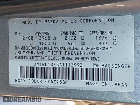 2010 Mazda 3 i SV with VIN JM1BL1SF3A1113993, listed as a IAAI auction lot 41901098 with 182,727 mi miles and . Bid and sale history available at DreamBid. Image 9.
