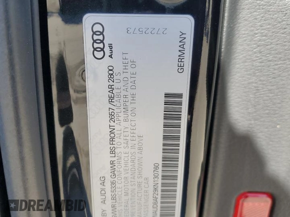 2019 Audi A6 Premium with VIN WAUD8AF29KN130760, listed as a Copart auction lot 42348395 with 51,972 mi miles and Salvage Title. Bid and sale history available at carsss.com. Image 13.