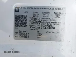 2020 Chevrolet Trax LS with VIN 3GNCJNSB4LL288688, listed as a IAAI auction lot 42634219 with 25,634 mi miles and . Bid and sale history available at DreamBid. Image 9.