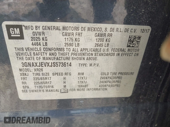 2018 Chevrolet Equinox LT with VIN 3GNAXJEVXJS573614, listed as a IAAI auction lot 42607355 with 81,632 mi miles and . Bid and sale history available at DreamBid. Image 9.