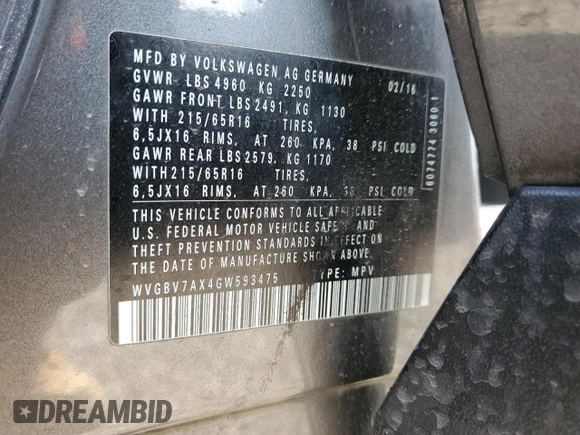 2016 Volkswagen Tiguan S with VIN WVGBV7AX4GW593475, listed as a Copart auction lot 52433155 with 140,356 mi miles and Salvage Title. Bid and sale history available at DreamBid. Image 14.