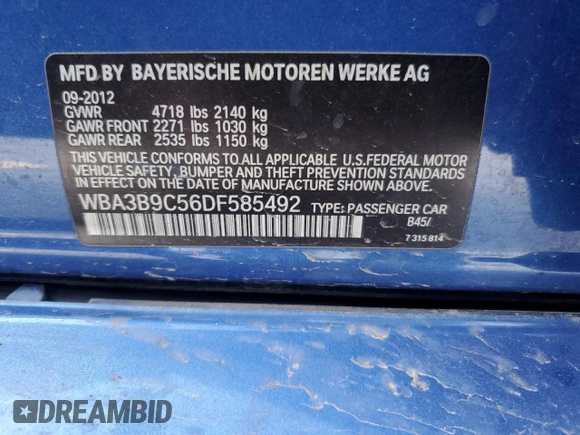 2013 BMW 3 Series 335i xDrive with VIN WBA3B9C56DF585492, listed as a Copart auction lot 86287024 with Not Provided miles and Non Repairable. Bid and sale history available at carsss.com. Image 12.