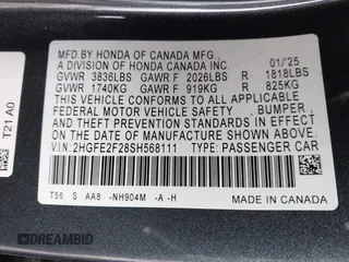 2025 Honda Civic Sedan LX with VIN 2HGFE2F28SH568111, listed as a IAAI auction lot 41740309 with 666 mi miles. Bid and sale history available at carsss.com. Image 9.
