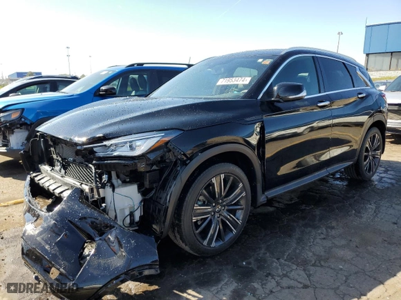 2022 Infiniti QX50 LUXE with VIN 3PCAJ5BB0NF113033, listed as a Copart auction lot 71953474 with 25,233 mi miles and Salvage Title. Bid and sale history available at carsss.com. Image 1.