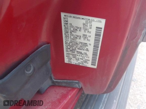 2007 Nissan Titan LE with VIN 1N6BA06A87N242731, listed as a IAAI auction lot 42441512 with 263,824 mi miles and . Bid and sale history available at DreamBid. Image 9.
