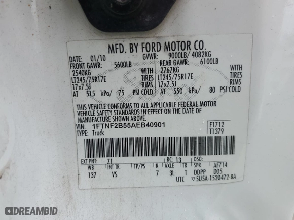 2010 Ford Super Duty F-250 SRW XL with VIN 1FTNF2B55AEB40901, listed as a Copart auction lot 52671735 with 83,868 mi miles and Non Repairable. Bid and sale history available at carsss.com. Image 14.