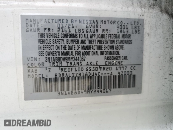 2021 Nissan Sentra SR with VIN 3N1AB8DV9MY244067, listed as a Copart auction lot 46513325 with Not Provided miles and Non Repairable. Bid and sale history available at DreamBid. Image 14.