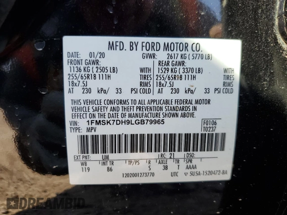 2020 Ford Explorer XLT z VIN 1FMSK7DH9LGB79965, wystawiony jako Copart lot #49314665 z przebiegiem Nie podano mil oraz Szkoda całkowita • Salvage title. Historia ofert i sprzedaży dostępna na DreamBid. Obrazek 13.