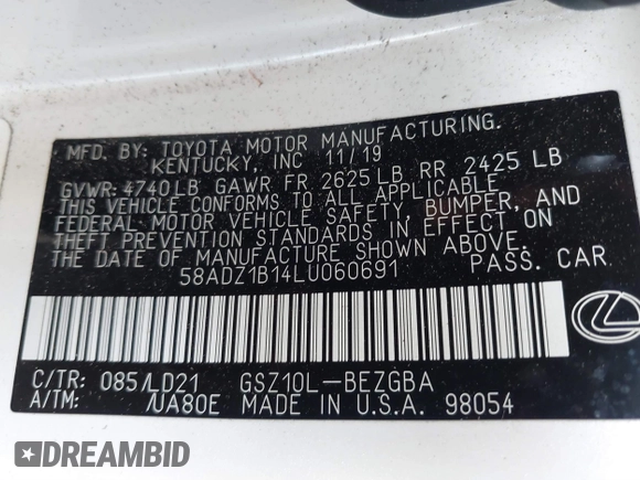 2020 Lexus ES with VIN 58ADZ1B14LU060691, listed as a IAAI auction lot 41633019 with 28,176 mi miles. Bid and sale history available at carsss.com. Image 9.