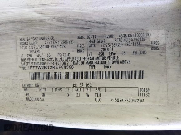 2019 Ford F-250 XL z VIN 1FT7W2BT2KEF88568, wystawiony jako IAAI lot #41589490 z przebiegiem Nie podano mil oraz . Historia ofert i sprzedaży dostępna na DreamBid. Obrazek 9.
