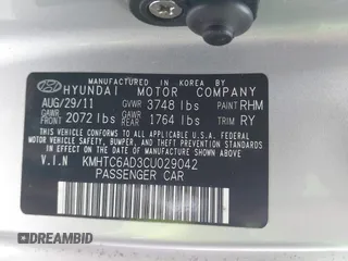 2012 Hyundai Veloster w/Gray Int with VIN KMHTC6AD3CU029042, listed as a IAAI auction lot 41416442 with 109,968 mi miles and . Bid and sale history available at DreamBid. Image 9.