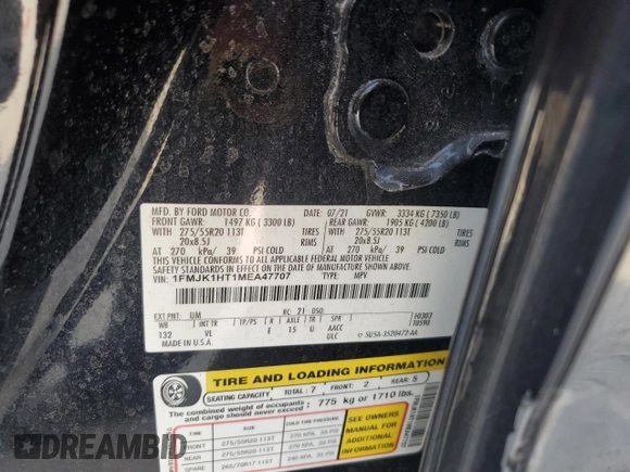 2021 Ford Expedition Max XLT z VIN 1FMJK1HT1MEA47707, wystawiony jako Copart lot #43869175 z przebiegiem Nie podano mil oraz Nie do naprawy • Non repairable. Historia ofert i sprzedaży dostępna na DreamBid. Obrazek 14.