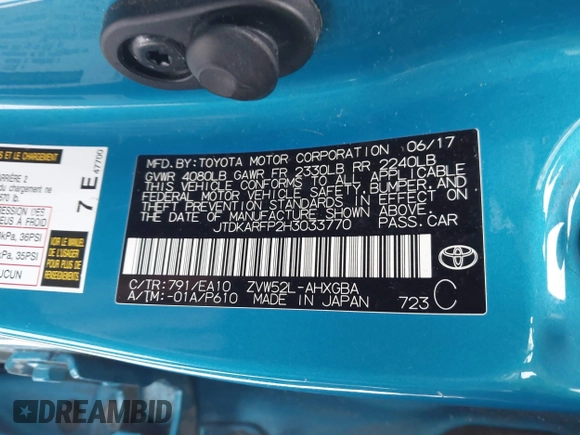 2017 Toyota Prius Plus with VIN JTDKARFP2H3033770, listed as a IAAI auction lot 41554723 with 58,020 mi miles and . Bid and sale history available at DreamBid. Image 9.