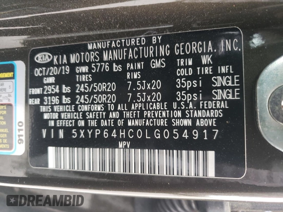 2020 Kia Telluride S z VIN 5XYP64HC0LG054917, wystawiony jako Copart lot #55049535 z przebiegiem 84 575 mil mil oraz Szkoda całkowita • Salvage title. Historia ofert i sprzedaży dostępna na DreamBid. Obrazek 13.