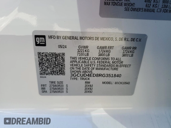 2024 Chevrolet Silverado 1500 with VIN 3GCUD4ED8RG351840, listed as a Copart auction lot 52728215 with Not Provided miles and Salvage Title. Bid and sale history available at DreamBid. Image 12.