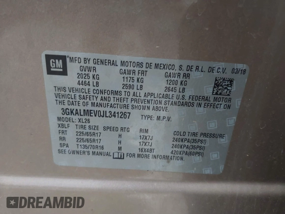2018 GMC Terrain SLE with VIN 3GKALMEV0JL341267, listed as a IAAI auction lot 41717276 with 118,159 mi miles and . Bid and sale history available at carsss.com. Image 9.