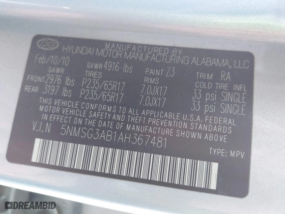 2010 Hyundai Santa Fe GLS with VIN 5NMSG3AB1AH367481, listed as a IAAI auction lot 41364204 with 97,074 mi miles. Bid and sale history available at carsss.com. Image 9.