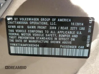 2015 Volkswagen Passat 1.8T Wolfsburg Ed with VIN 1VWAT7A34FC032404, listed as a Copart auction lot 79816394 with 64,820 mi miles and Clean Title. Bid and sale history available at carsss.com. Image 12.