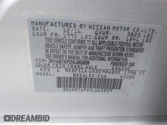 2017 Nissan Sentra SR with VIN 3N1AB7AP2HL665809, listed as a IAAI auction lot 41199836 with 92,956 mi miles and . Bid and sale history available at carsss.com. Image 9.