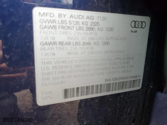 2021 Audi Q3 S line Premium with VIN WA1DECF34M1050416, listed as a Copart auction lot 50046095 with 37,401 mi miles and Salvage Title. Bid and sale history available at carsss.com. Image 13.