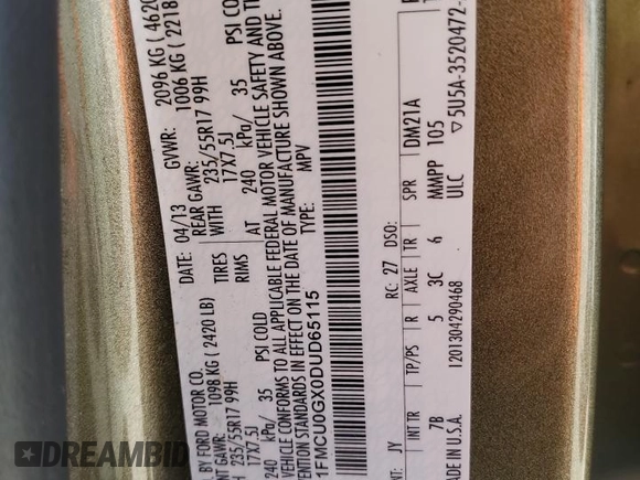 2013 Ford Escape SE with VIN 1FMCU0GX0DUD65115, listed as a Copart auction lot 61616295 with 175,375 mi miles and Salvage title. Bid and sale history available at DreamBid. Image 13.