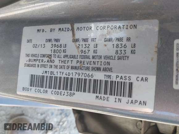 2013 Mazda 3 i SV with VIN JM1BL1TF4D1797066, listed as a IAAI auction lot 42028004 with 168,557 mi miles and . Bid and sale history available at DreamBid. Image 9.