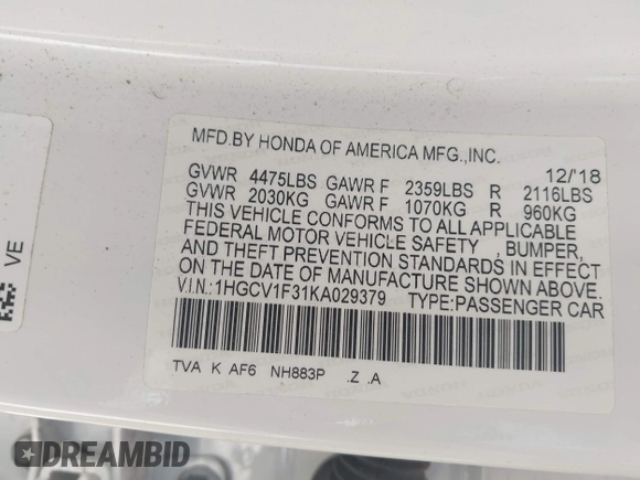 2019 Honda Accord Sport with VIN 1HGCV1F31KA029379, listed as a IAAI auction lot 42156139 with 58,238 mi miles and . Bid and sale history available at DreamBid. Image 9.