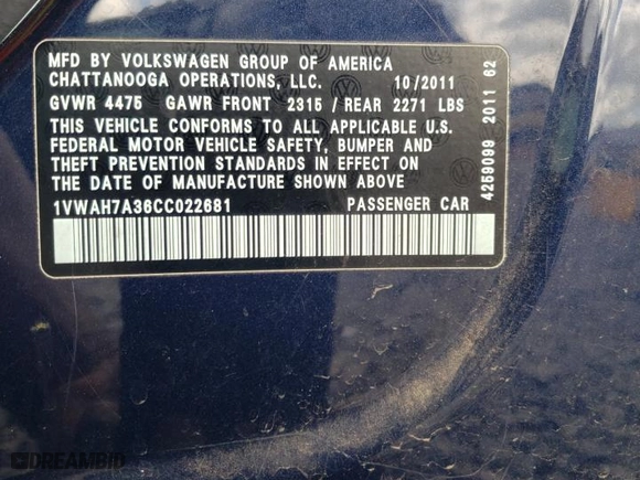 2012 Volkswagen Passat S w/Appearance with VIN 1VWAH7A36CC022681, listed as a Copart auction lot 49218175 with 202,902 mi miles and Salvage Title. Bid and sale history available at carsss.com. Image 13.