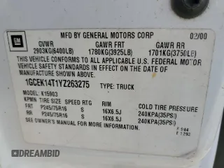 2000 Chevrolet Silverado 1500 with VIN 1GCEK14T1YZ263275, listed as a Copart auction lot 46779595 with 144,052 mi miles and Salvage Title. Bid and sale history available at carsss.com. Image 14.