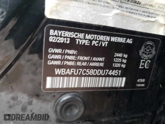 2013 BMW 5 Series 535i xDrive with VIN WBAFU7C58DDU74451, listed as a Copart auction lot 49048544 with 87,021 mi miles and Salvage Title. Bid and sale history available at carsss.com. Image 14.