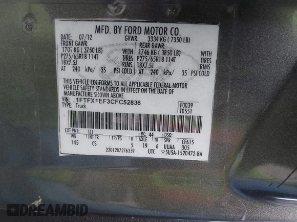 2012 Ford F-150 XL with VIN 1FTFX1EF3CFC52836, listed as a IAAI auction lot 41944971 with 104,728 mi miles. Bid and sale history available at carsss.com. Image 9.