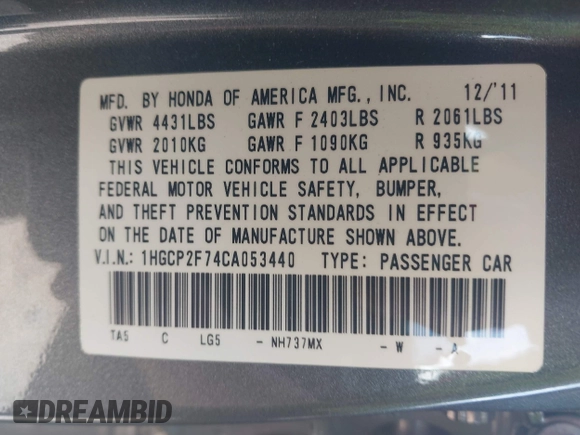 2012 Honda Accord EX with VIN 1HGCP2F74CA053440, listed as a IAAI auction lot 42615509 with 352,422 mi miles and . Bid and sale history available at DreamBid. Image 9.