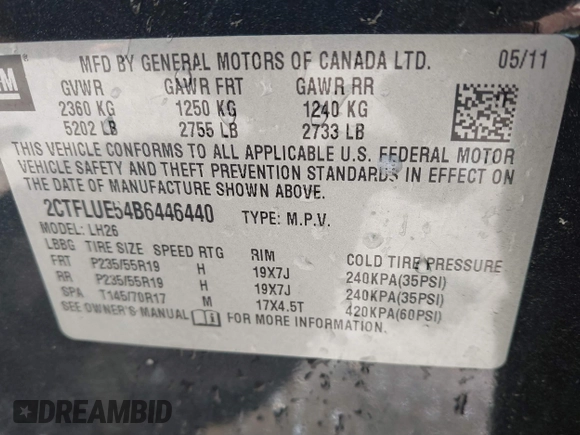 2011 GMC Terrain SLT-1 with VIN 2CTFLUE54B6446440, listed as a IAAI auction lot 41719642 with 177,594 mi miles and . Bid and sale history available at carsss.com. Image 9.