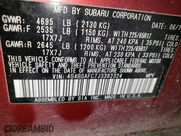 2018 Subaru Outback Premium with VIN 4S4BSAFC7J3382324, listed as a Copart auction lot 60302605 with Not provided miles and Salvage title. Bid and sale history available at DreamBid. Image 13.